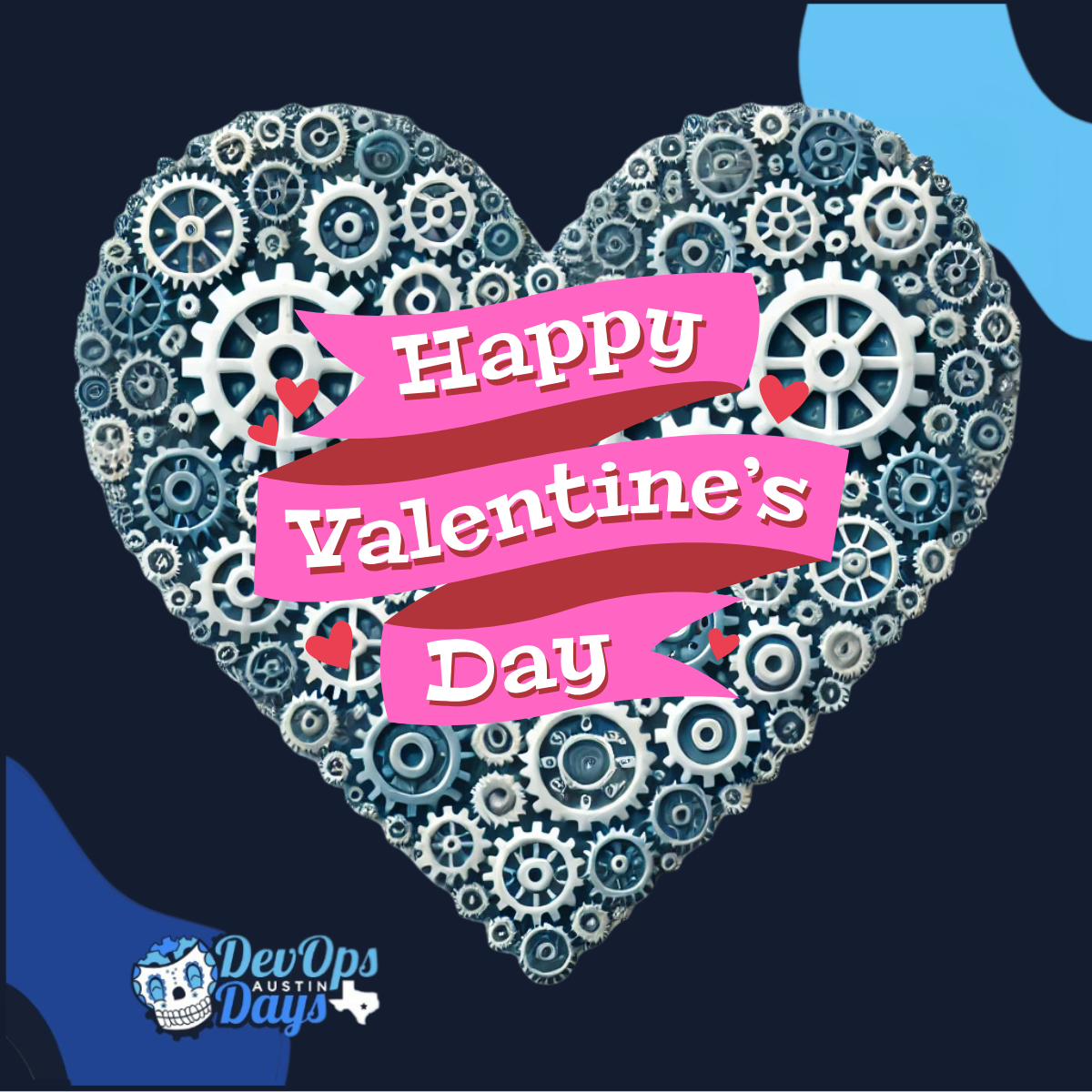 Valentines day post with a heart background referencing the devopsdays logo
