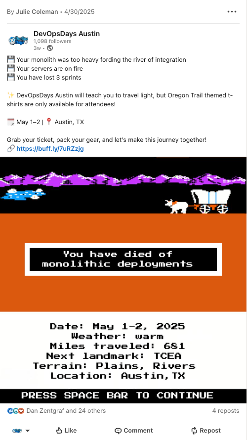 LinkedIn Post - Riff on Oregon Trail theme